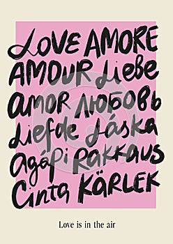 Vector different language poster with hand-letter motivation love phrases for Valentine\'s Day. Lettering isolated on pink photo
