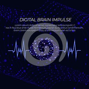 Vector Digital Brain Glowing Illustration, Neurons Impulse Concept, Background Template, Abstract Background