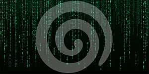 Vector digital green background of streaming binary code. Matrix background with numbers 1.0. Coding or hacking concept. Vector