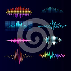 Vector digital music equalizer audio waves design template audio signal visualization signal illustration.