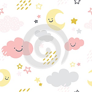 Vector digitally hand drawn nursery seamless pattern with moon, cloud, stars and abstract elements.