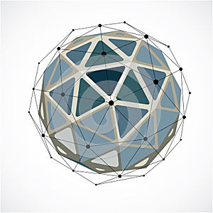 Vector dimensional wireframe low poly object, grayscale spherical shape with black grid. Technology 3d mesh element made using tr