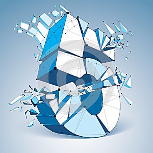 Vector dimensional wireframe number 5, blue demolished digit
