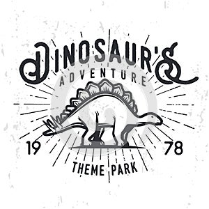 Vector dinosaur adventure logo concept. Stegosaurus theme park insignia design. Jurassic period illustration. Vintage T