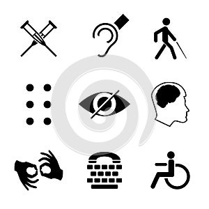 Vector disabled signs with deaf, dumb, mute, blind, braille font, mental disease