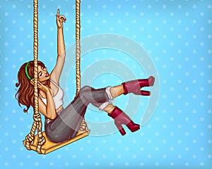 Vector disco woman on swing in headphones. Pop art glamor music lover in earphones concept illustration. Woman character