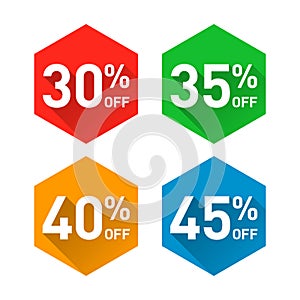 Vector discount labels. 30% , 35% , 40% and 45% discount label and promotion icons
