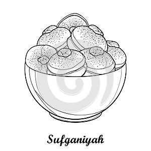 Vector dish with outline traditional Hanukkah sufganiyah or sufganiyot or doughnut in black isolated on white background.