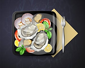 Vector of dish with oysters, mussels and prawns served lemon and basil in square black plate with fork, top view