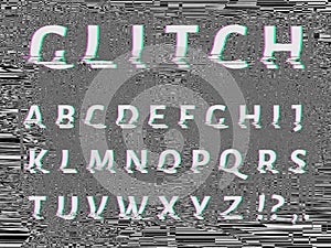 Vector distorted glitch font. Trendy style lettering typeface.