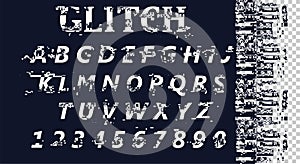 Vector distorted glitch font. Trendy style lettering typeface. Latin letters from A to Z and numbers from 0 to 9.