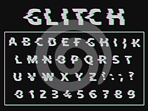 Vector distorted glitch font. Trendy style lettering typeface.