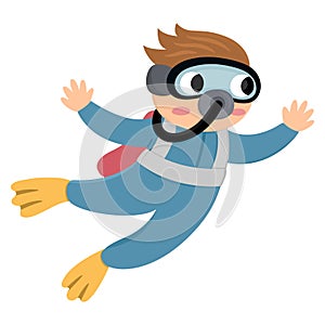 Vector diver icon. Under the sea illustration with cute funny frogman. Ocean boy clipart with swimming kid. Cartoon underwater or
