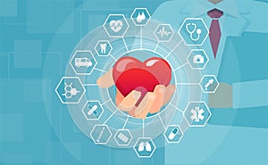 Vector of a doctor holding red heart offering medical help and assistance