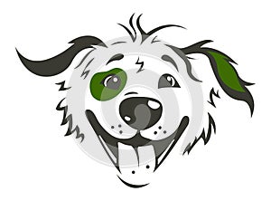 Vector dog logo, pets face icon, puppy head. Smiling shaggy dog. Best using for grooming salon, veterinarian clinic