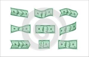 Vector dollar bills. Nine different options for crumpling and curling paper money. Flat illustration