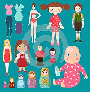 Vector dolls toy character girls and boys human face and body game dress rag-doll illustration. Pretty underwear little