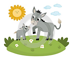 Vector donkey with baby on a lawn under the sun. Cute cartoon family scene illustration for kids. Farm animals on natural