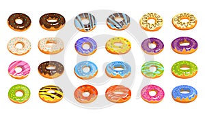 Vector donuts isolated on white background in cartoon style. Delicious doughnuts with chocolate, lemon, pink, violet, blue and