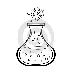 Vector doodle bottle of magic potion. Witchcraft glass bottle. Alchemy elixir in glass flask. Hand drawn illustration of