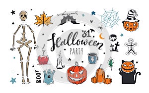 Vector doodle cartoon Halloween night collection. Spooky and scary night, pumpkin, skeleton, cat