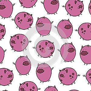 Vector doodle cartoon pig illustration seamless pattern in pink colours isolated on white background