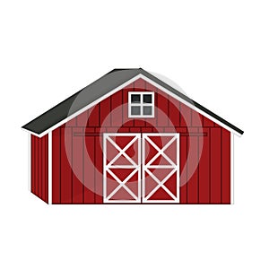 Vector doodle cartoon single red wooden barn house with triangular gray roof, window and doors with crossed white boards. Outline