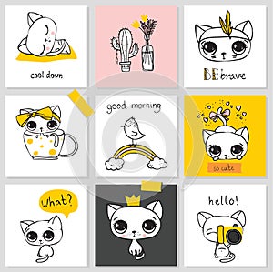 Vector doodle cats illustrations and kitten quotes. Cartoon animals. Cute kitty in sketch style for t-shirt print, cards