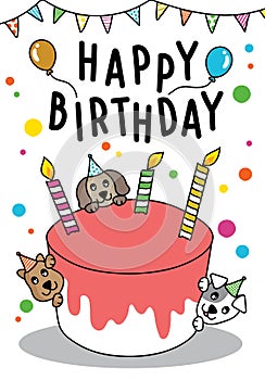 Vector doodle Cute cat and dog with cake for Happy Birthday card, have space for text
