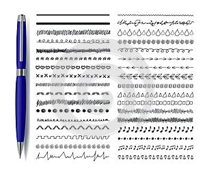 Vector Doodle Decorative Lines Decoration Doodle Collection Set with Realistic Blue Pen, Drawings Collection Isolated