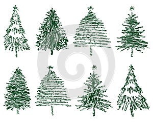 Vector doodle drawings of set different abstract christmas trees