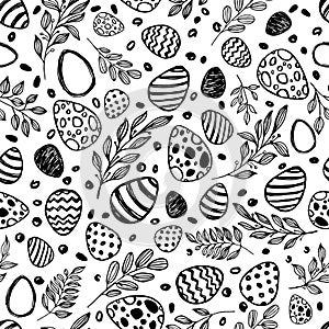 Vector doodle Easter seamless pattern. Black white watercolor, ink illustration of easter eggs and leaves