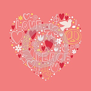 Vector doodle elements on love and peace theme in heart shape