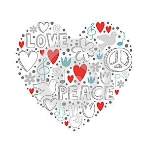 Vector doodle elements on love and peace theme in heart shape