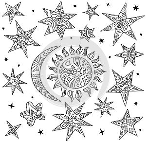 Vector doodle elements of the night sky. Stars, sun and moon.