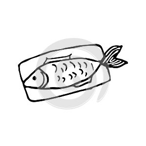 Vector doodle fish icon. Logo design template. Cute hand drawn linear illustration for print, web