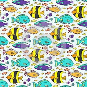 Vector doodle fishes pattern. Hand drawn marine seamless texture.