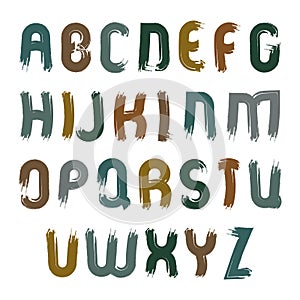 Vector doodle font with paint stains, handwritten watercolor cap