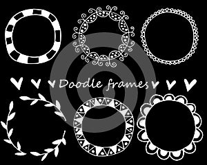 Vector doodle frames. White hand drawn set on black background