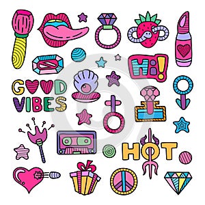 Vector doodle girly clipart lineart elements set photo