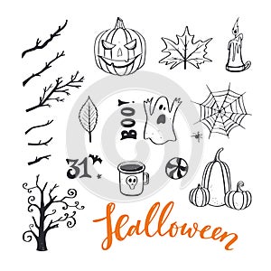 Vector doodle Halloween night collection. Spooky and scary night, pumpkin, skeleton, cat