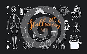 Vector doodle Halloween night collection. Spooky and scary night, pumpkin, skeleton, cat