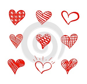 Vector Doodle Hearts Set Isoalted on White Background, Red Marker Drawings Collection.