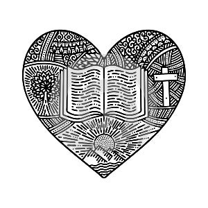 Vector doodle illustration. A hand-drawn heart, the Bible, the journey from creation to redemption. photo