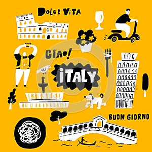 Vector doodle illustration of main italian attractions and cultural symbols.