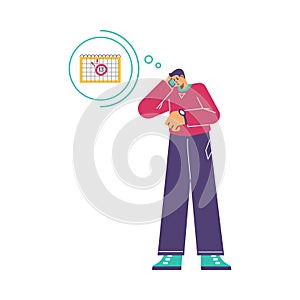 Vector doodle illustration of man upset from missed deadlines, Person calls on smartphone and reminds of the date