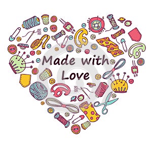 Vector doodle illustration of sewing and needlework in heart sh