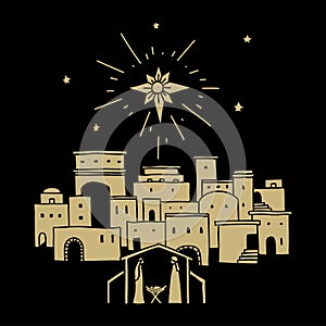 Vector doodle illustration. Star over Bethlehem. Mary, Joseph and baby Jesus in the stable.