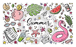 Vector doodle illustration Summer collection. Colorful symbols of summer. Horizontal composition