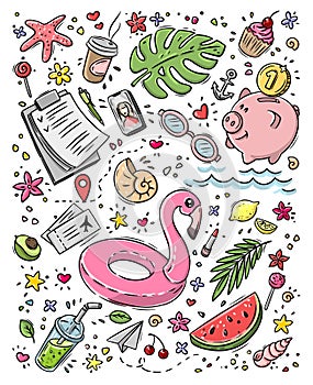 Vector doodle illustration Summer collection. Colorful symbols of summer. Sticker set
